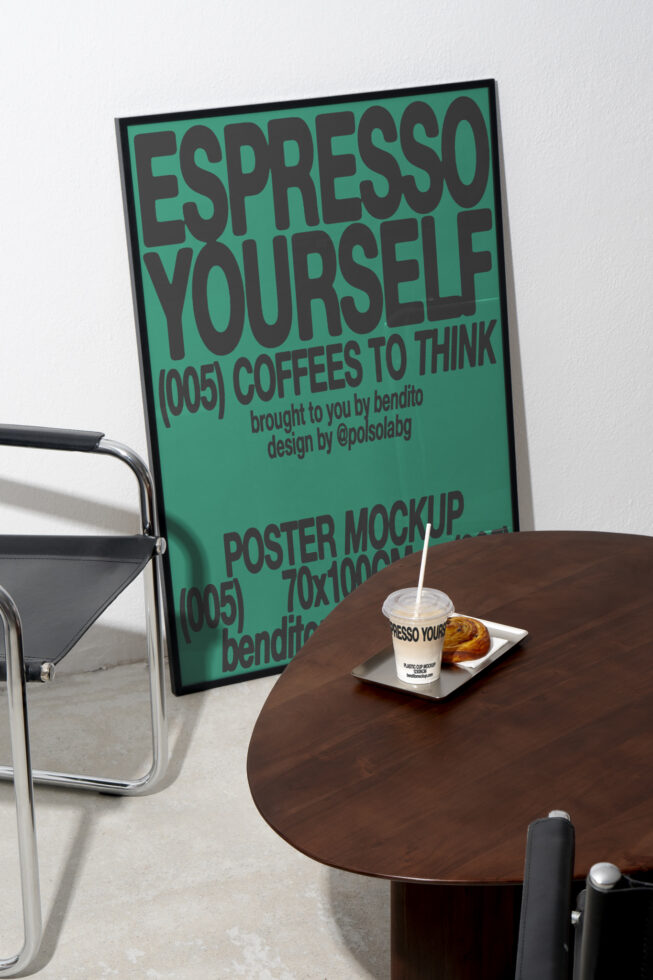 Modern poster mockup featuring bold typography on a green background. Includes coffee cup and pastry on table. Perfect for designers seeking inspiration.