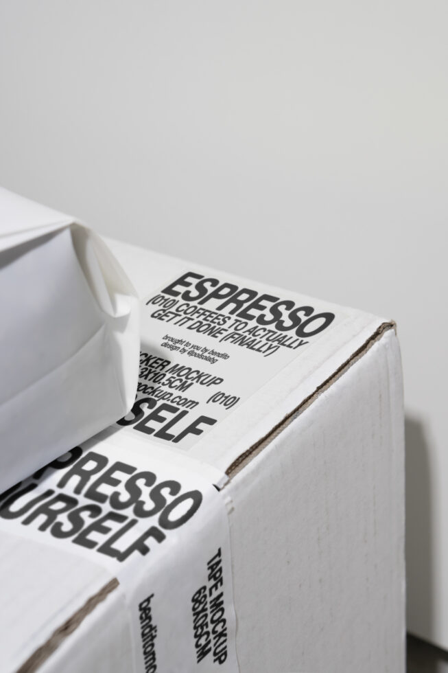 Box and packaging tape mockup featuring bold text design. Ideal for designers seeking creative packaging templates and mockup resources for projects.