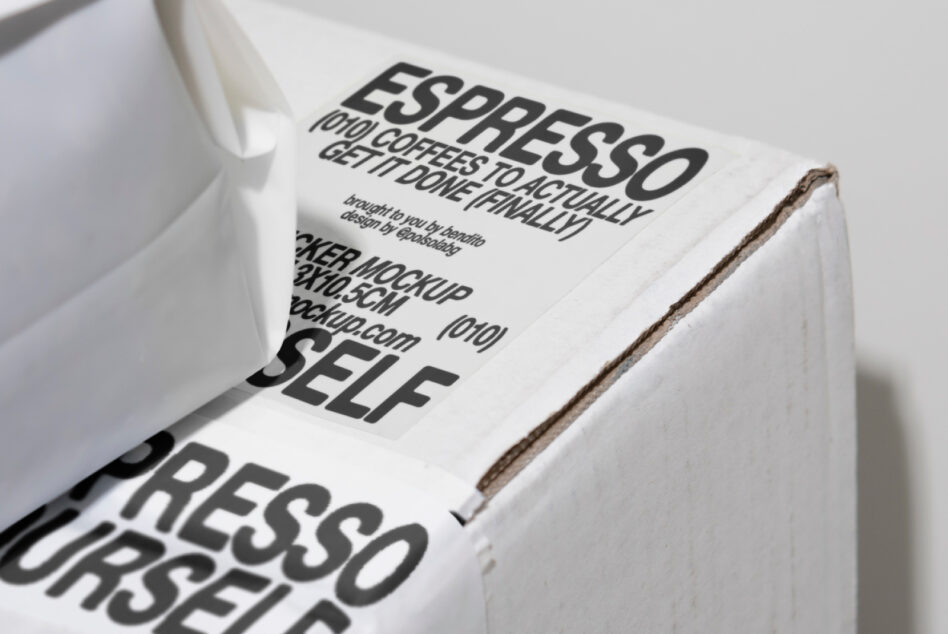 Sticker mockup featuring espresso-themed typography on a white box. Ideal for designers seeking customizable coffee graphics for packaging templates.