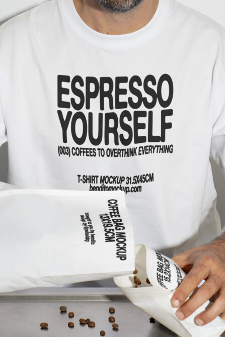 White t-shirt with Espresso Yourself print in bold font next to coffee bag mockup. Perfect for graphic designers seeking coffee-related templates.