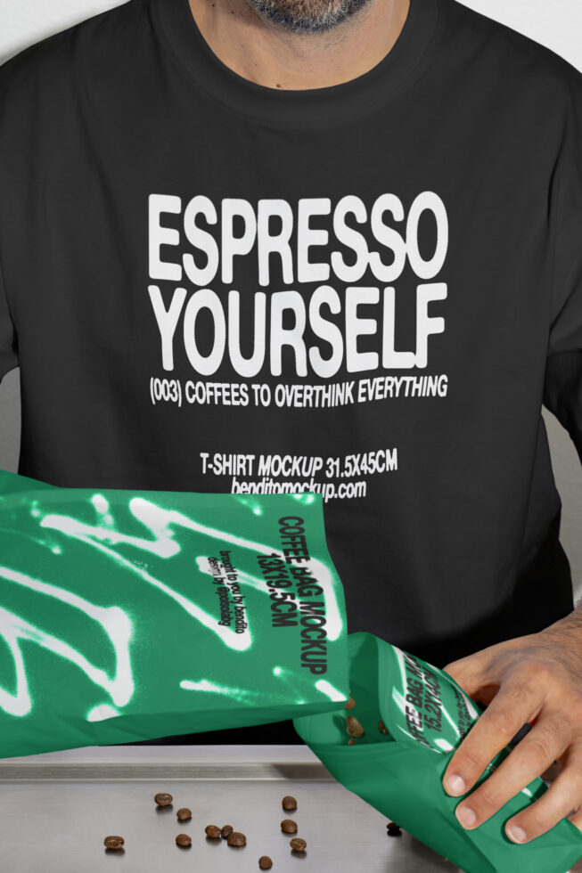 Man wearing graphic t-shirt with Espresso Yourself text while pouring coffee beans from green bag. T-shirt mockup for designers, creative fashion design.