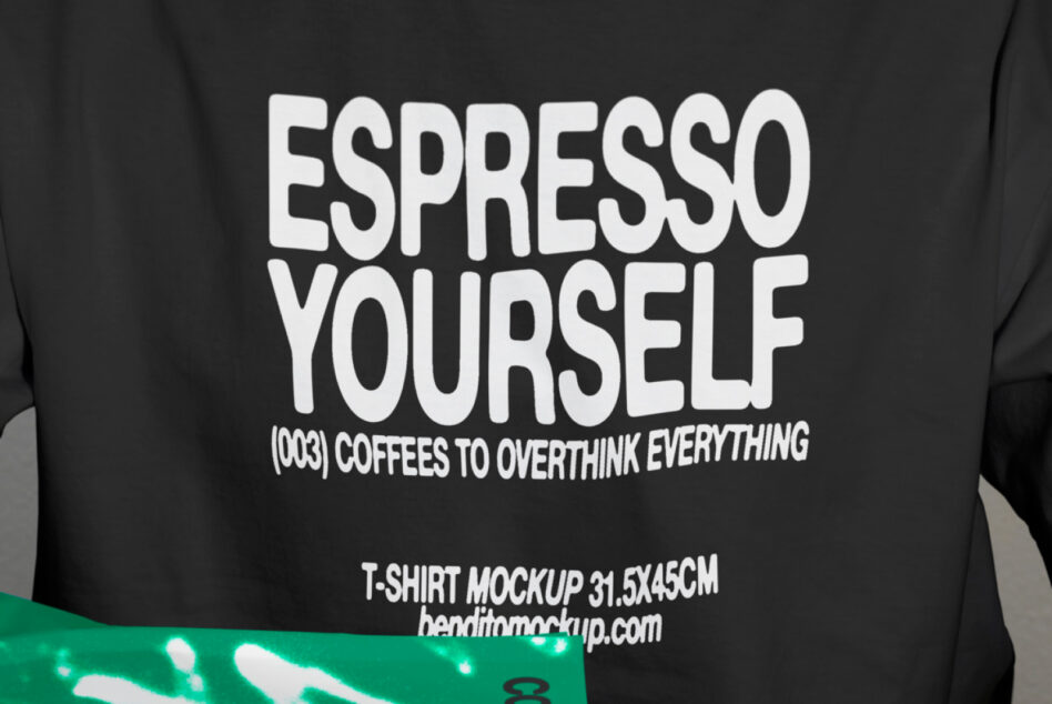 Close-up of a T-shirt with Espresso Yourself slogan for mockup designs. Ideal for designers seeking unique graphic elements and templates.