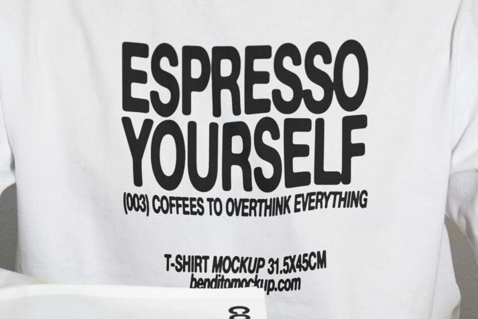 Mockup of a white t-shirt featuring bold black typography design Espresso Yourself suitable for graphic design projects brand presentation