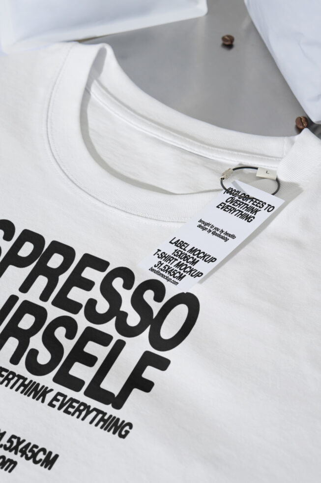 White t-shirt with label mockup reading Espresso Yourself Overthink Everything. Ideal for designers seeking apparel templates and graphic design assets.