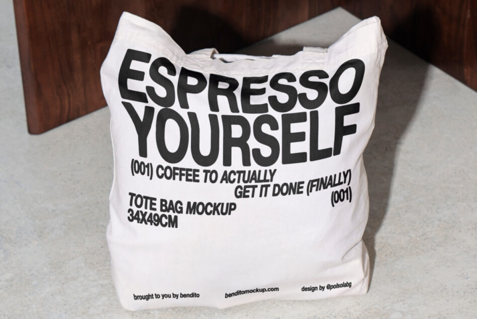 Close up of white tote bag showing Espresso Yourself design details