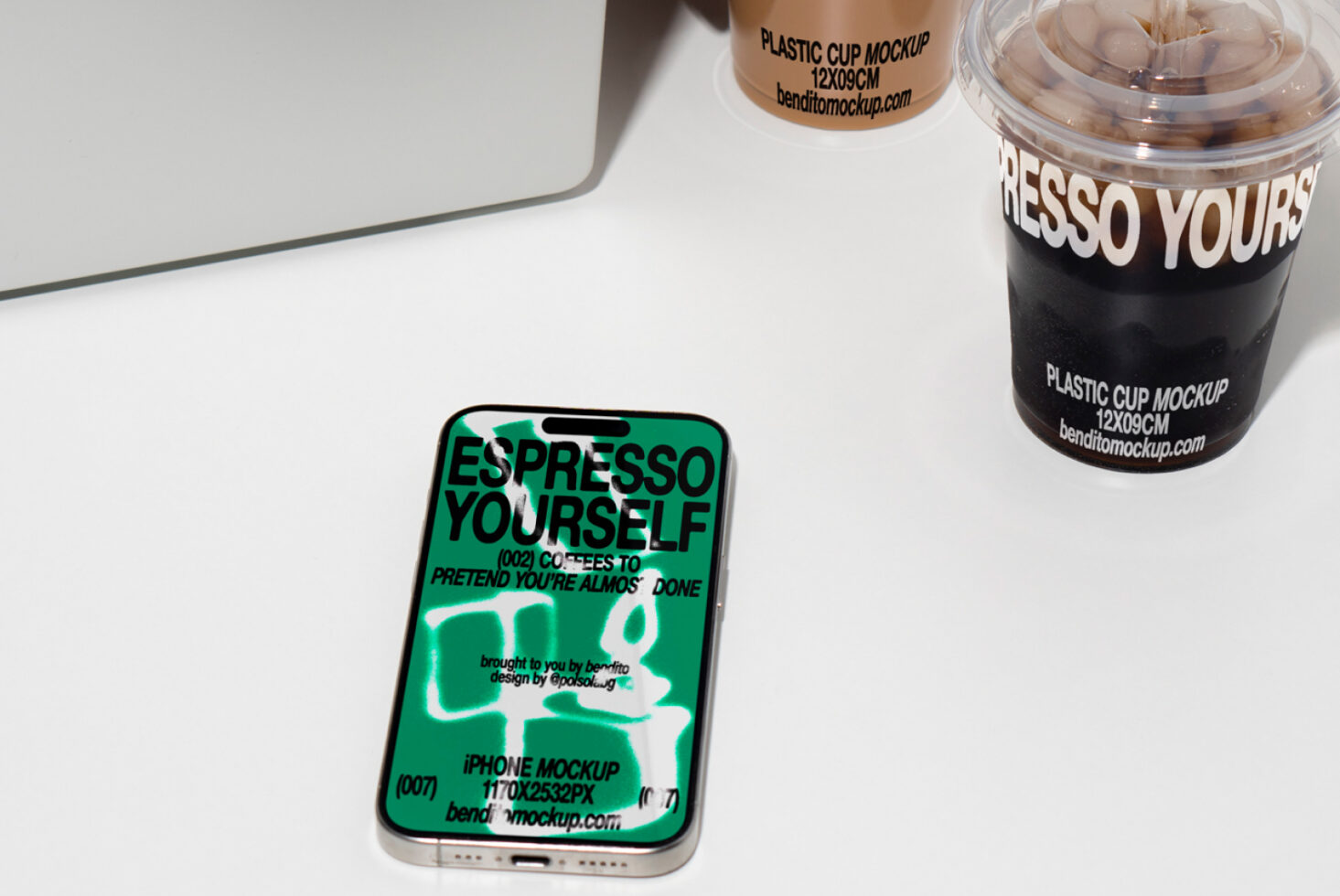 iPhone mockup with green graphic design text Espresso Yourself next to plastic cup mockup on white surface. Perfect for digital assets designers.