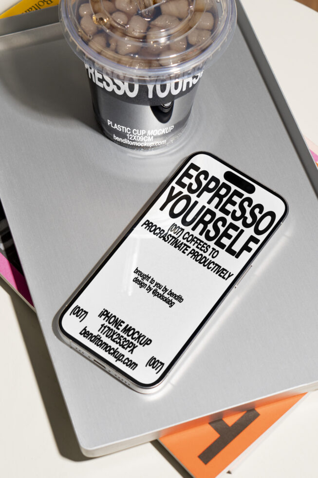 iPhone mockup with bold espresso-themed text alongside a plastic cup mockup filled with coffee beans on a metal tray. Perfect for designers in templates.