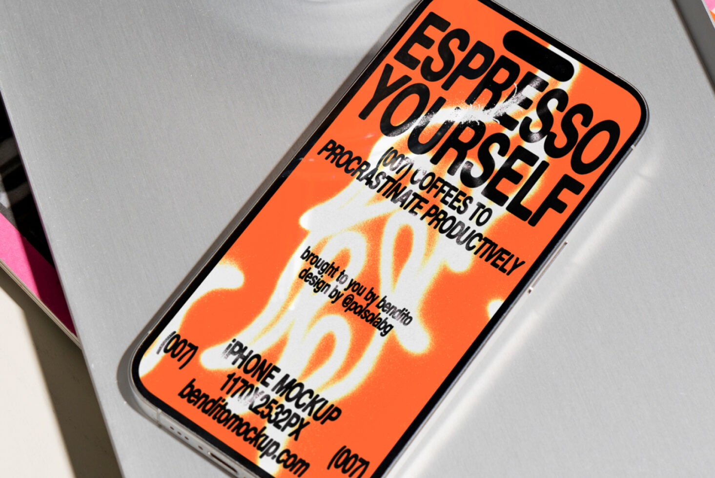 Smartphone mockup with bold typography poster on screen saying Espresso Yourself. Ideal for designers seeking modern templates and professional graphic assets.