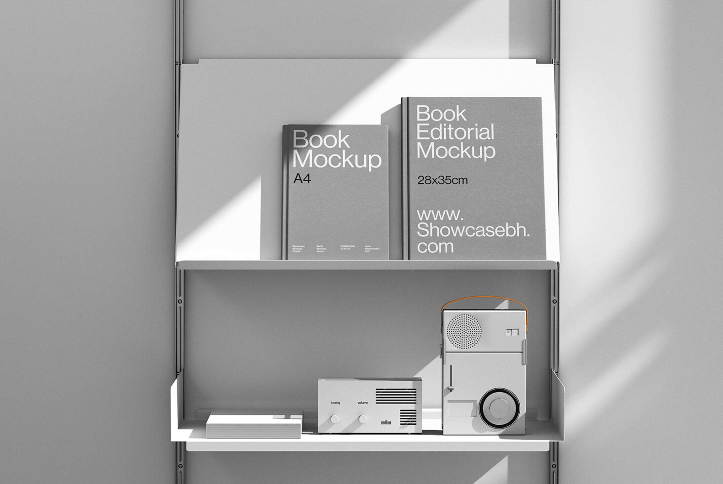 Book mockup design on shelf with vintage electronic devices minimalistic style modern layout template for designers mockups digital assets.