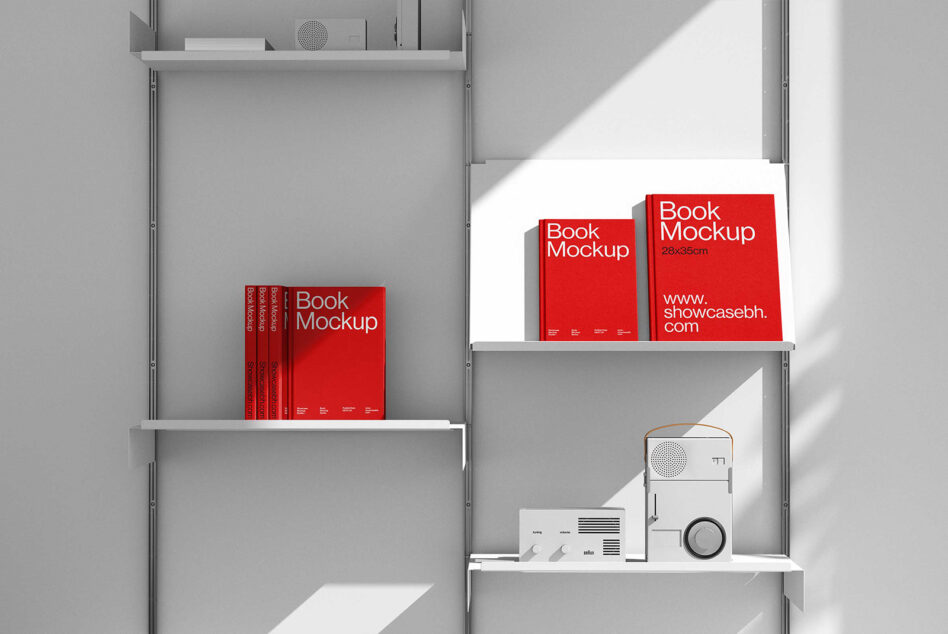 Bookshelf mockup with red books showcasing graphic design on white shelves. Ideal for designers and template creators. SEO keywords: book mockup shelves