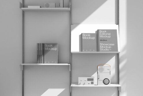 Minimalist book mockup on shelves in grayscale setting showcasing editorial design with modern decor perfect for designers seeking clean templates and graphics.