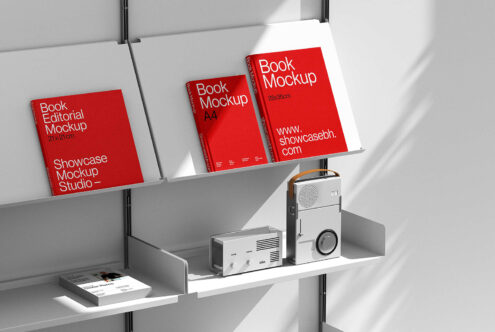 Modern book mockup design showcases three red books on a minimalist shelf. Perfect for designers seeking clean, professional templates for presentations.