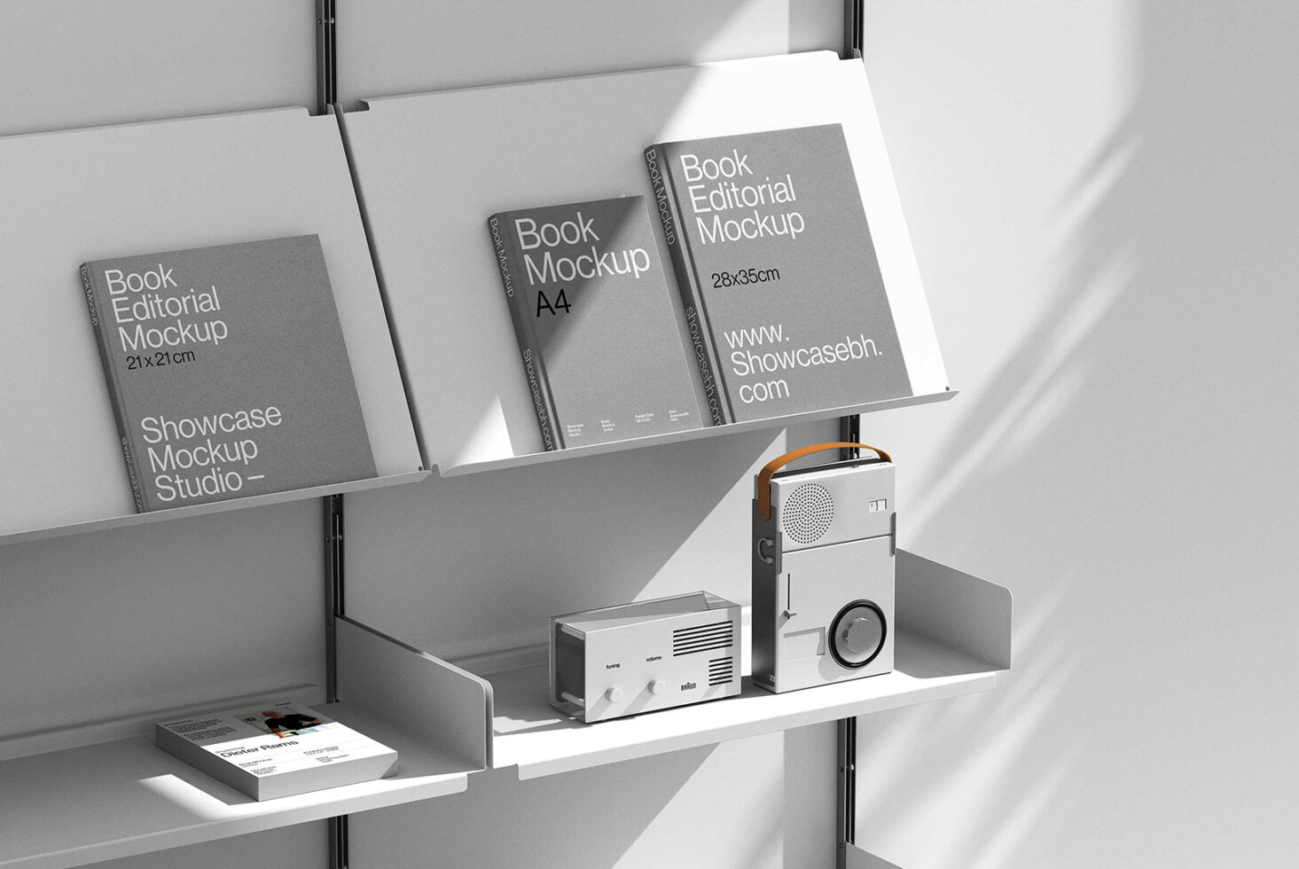 Book editorial mockup display on modern white shelves featuring A4 and large format designs ideal for graphic designers templates and showcase settings.