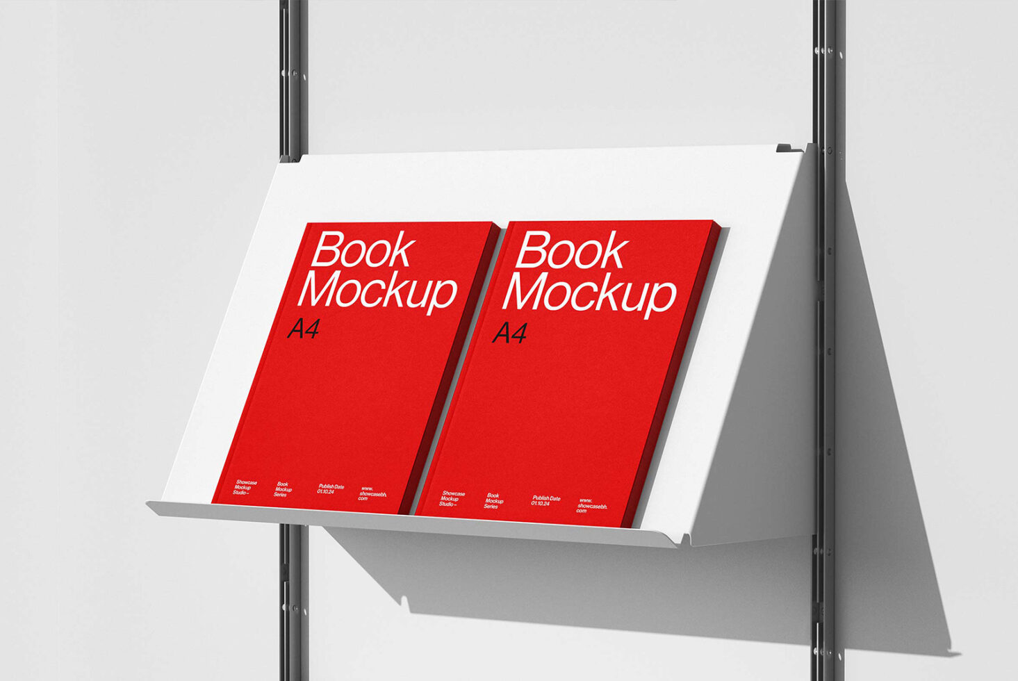 A4 book mockup with red covers displayed on a shelf perfect for designers. Use this mockup template for showcasing branding graphics and cover designs.