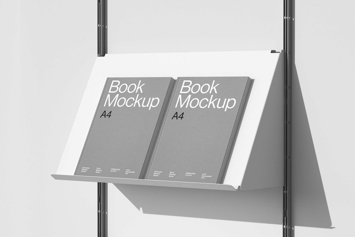 Book mockup template with two A4 books on a white display shelf. Ideal for showcasing graphic designs and layouts for designers. High-quality PSD file.