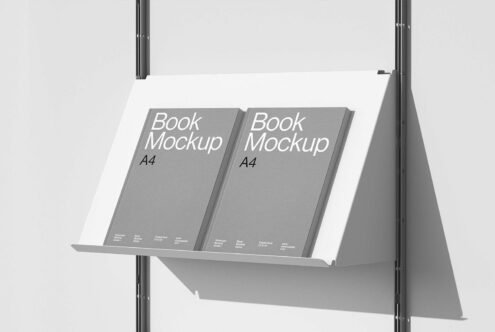 Book mockup template with two A4 books on a white display shelf. Ideal for showcasing graphic designs and layouts for designers. High-quality PSD file.