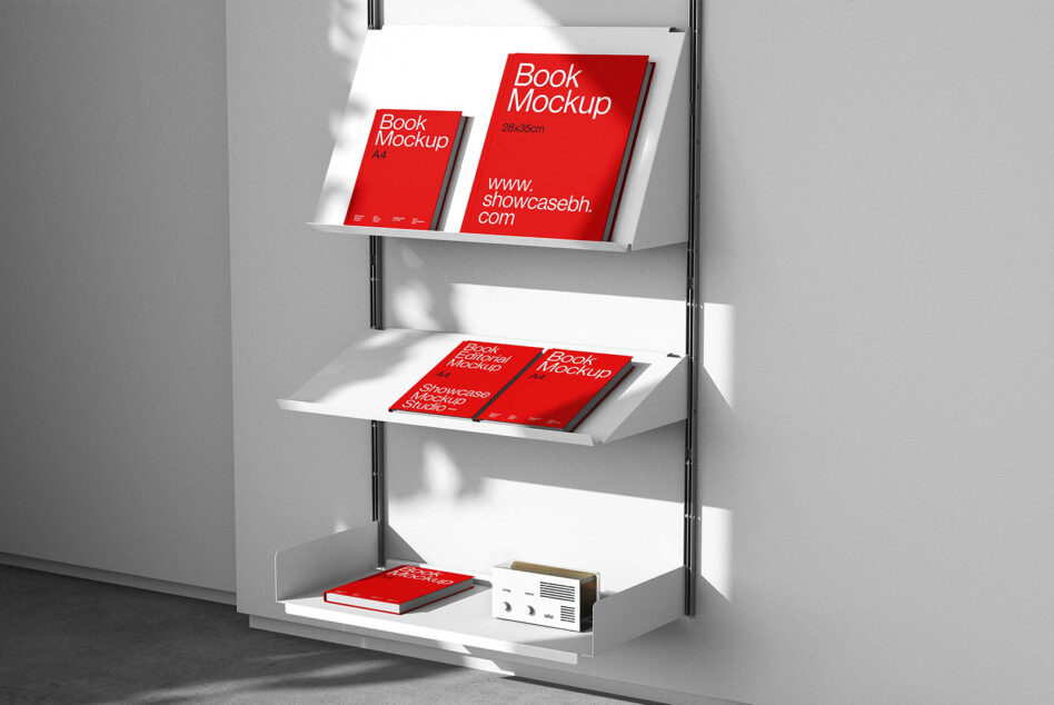 Book mockup on white shelves with red covers in modern setting. Ideal for showcasing editorial design templates or presentation graphics for designers.