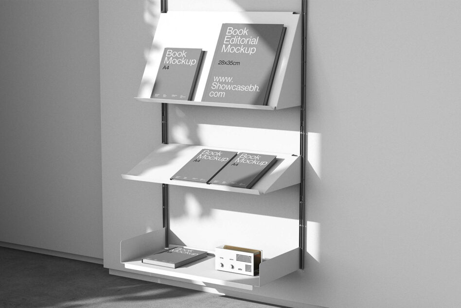 Shelf with book mockups on display featuring A4 and editorial formats minimalist design ideal for graphic design templates and marketing presentations