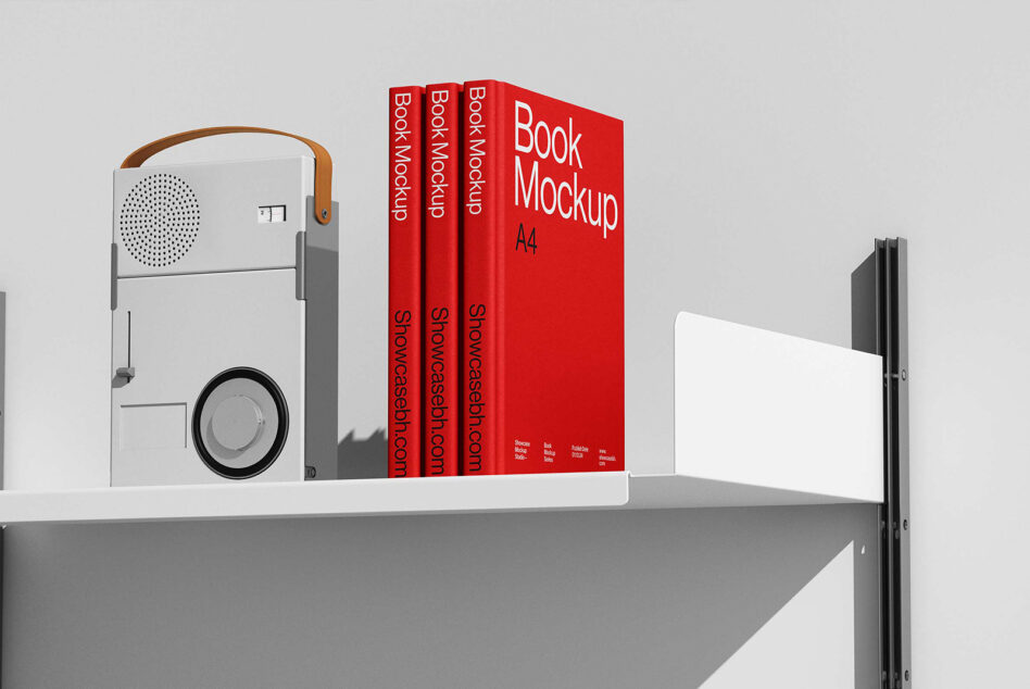 Shelf with red book mockups titled Book Mockup A4 next to a retro speaker. Perfect for designers seeking clean, modern templates for projects.