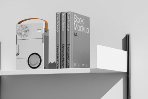 Book mockup design featuring three standing books with gray covers on a white shelf next to a retro radio cassette player perfect for graphic design projects.