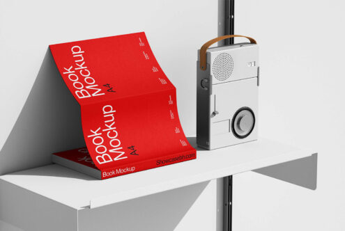 Red A4 book mockup displayed on a white shelf next to a retro portable radio. Ideal for showcasing design projects or template presentations.