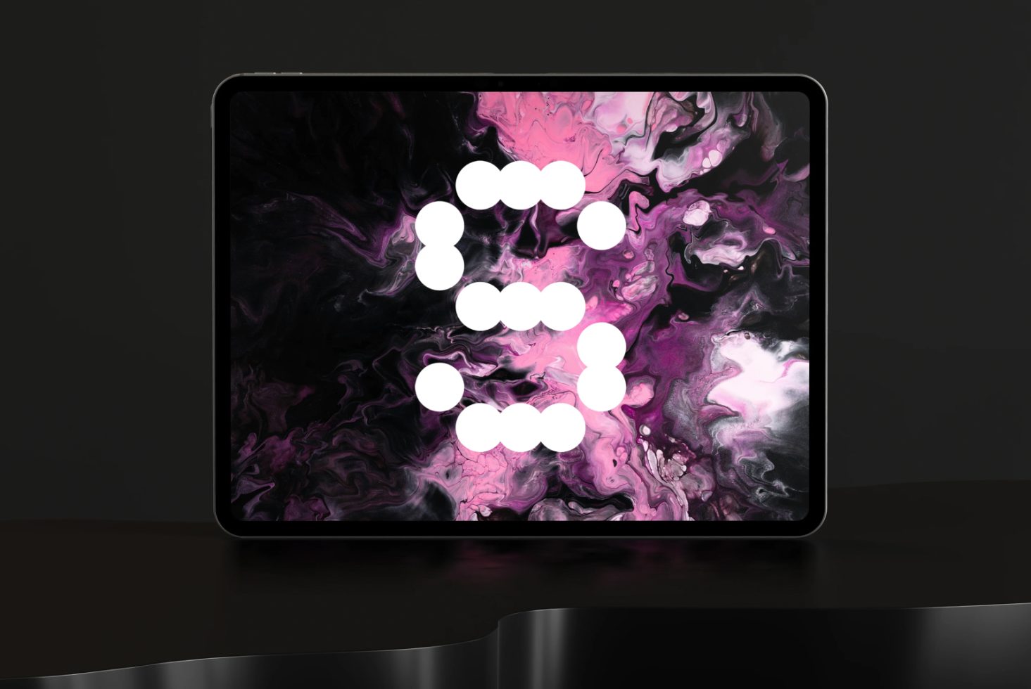 Digital tablet mockup displaying abstract pink and black marbled design. Ideal for graphic designers looking for unique templates and backgrounds.