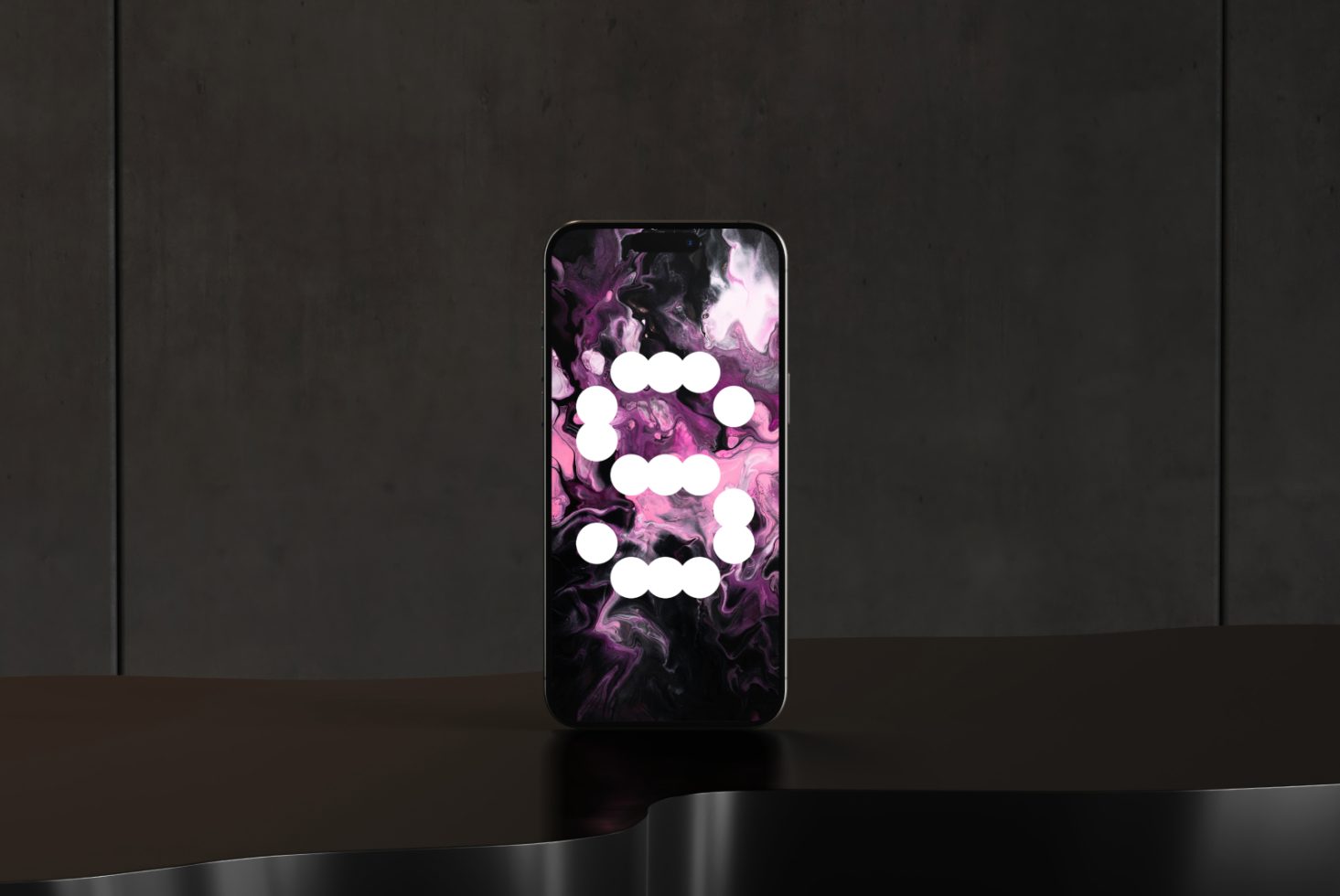 Smartphone mockup displaying abstract pink and black swirling graphics on screen ideal for designers graphic templates digital assets showcase.