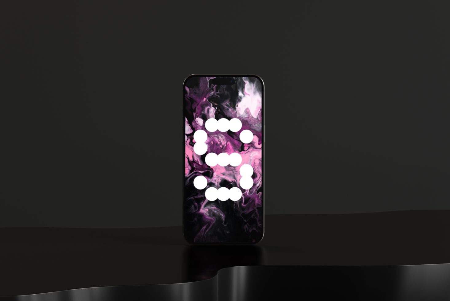 Smartphone mockup with abstract pink and black marble background, standing upright on glossy surface. Ideal for designers seeking digital templates.