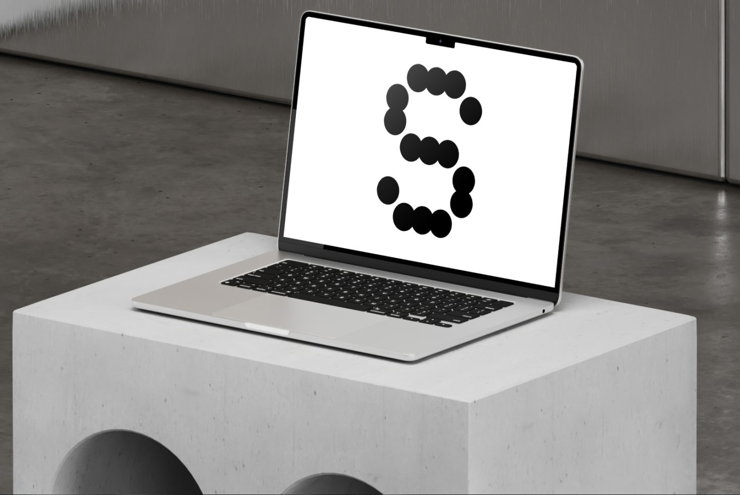 Laptop mockup displays a modern black dot style letter design on the screen resting on a concrete pedestal ideal for graphic and template presentations.