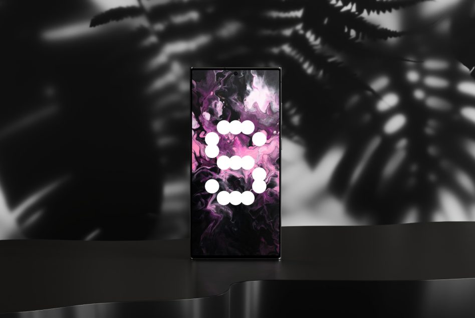 Abstract smartphone mockup with dark and pink swirling textures. Perfect for designers seeking modern digital assets for graphics and templates.