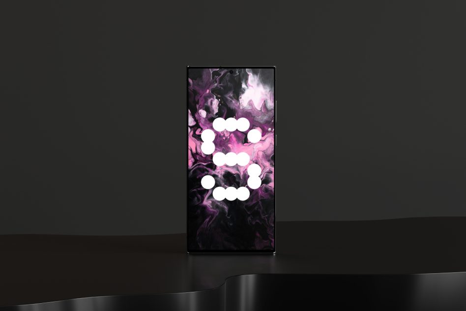 Modern smartphone mockup with abstract pink and black marble pattern displayed on screen, ideal for graphic designers seeking creative digital assets.