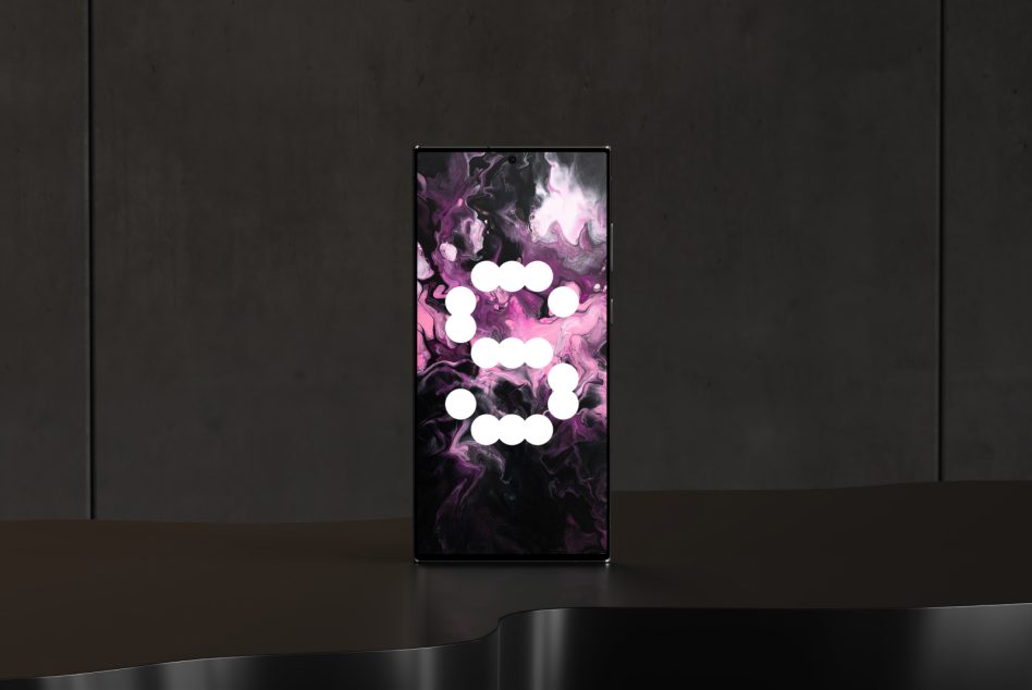 Smartphone mockup with abstract black and pink paint swirl design on screen against dark gray background perfect for digital asset designers graphics.