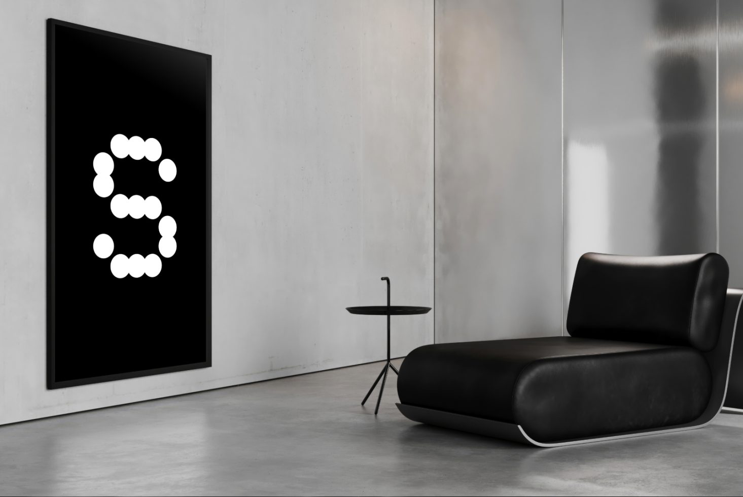 Modern minimalist interior mockup featuring a black and white abstract artwork poster on a concrete wall beside a sleek black sofa and small round table.