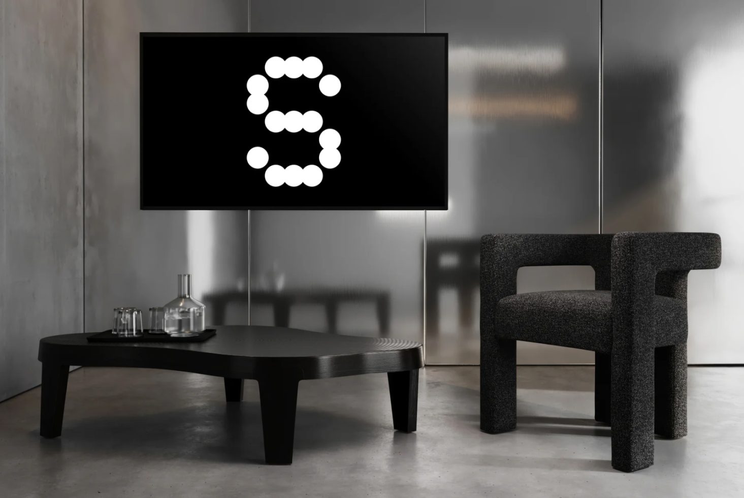 Modern living room with minimalist black furniture featuring a unique digital graphic on screen. Ideal for interior design mockups and digital showcases.