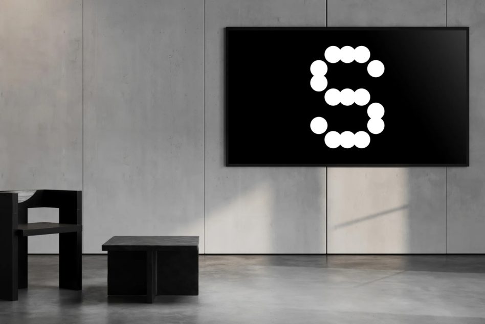 Minimalist mockup featuring a modern interior with sleek furniture and a digital art piece displaying letter S in white dots SEO keywords: mockup modern design