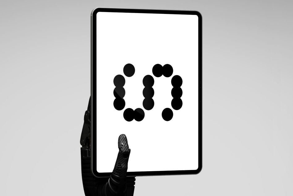 Futuristic robotic hand holds a digital tablet displaying abstract black circle typography on a white screen. Perfect for graphic design mockup resources.