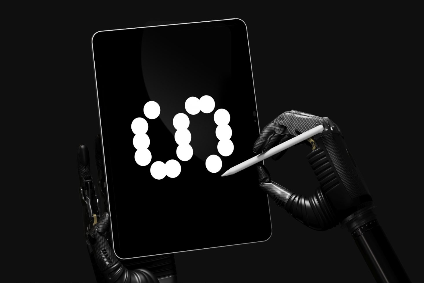 Robotic hand with stylus interacting with digital tablet displaying modern font design on black background perfect for designers mockups and typography assets