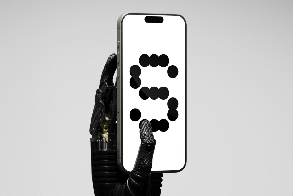 Gloved hand holding iPhone with black circles arranged in number pattern on white screen