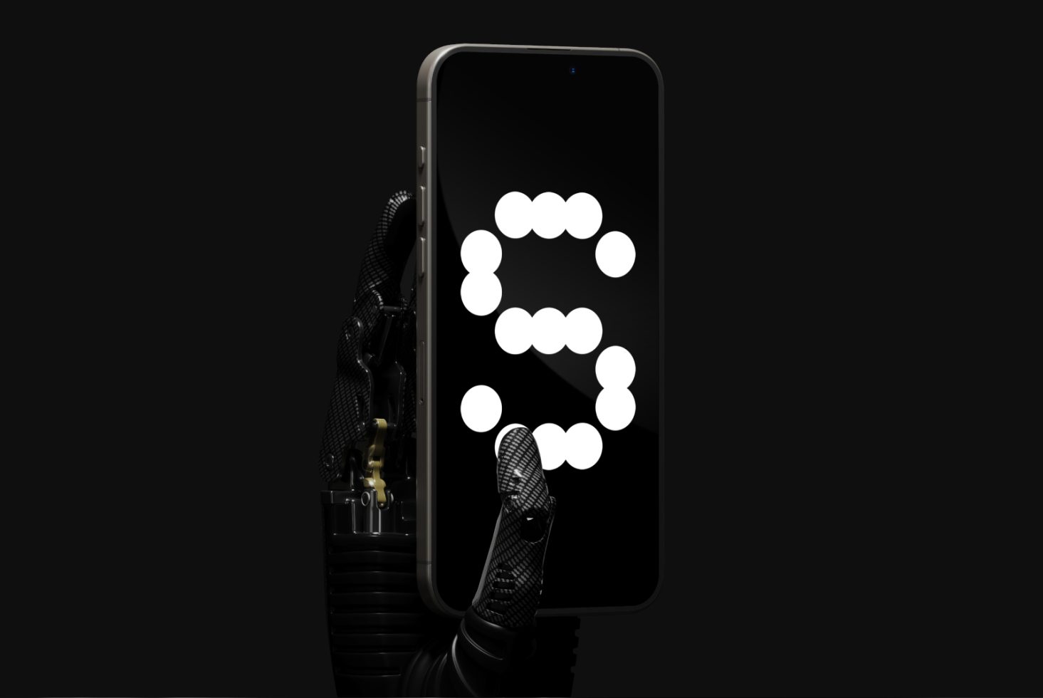 Futuristic robotic hand holding smartphone mockup glowing letter S on screen digital assets design technology template for designers innovation graphics