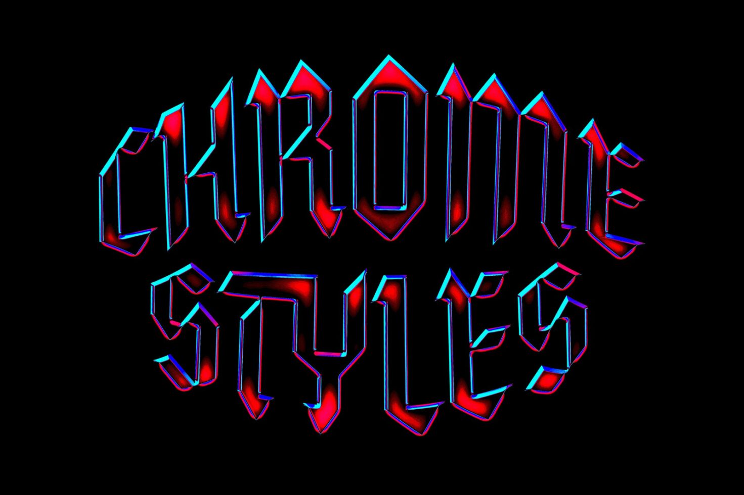 Bold retro chrome text effect with neon highlights on black background perfect for graphic designers fonts typography digital art projects and templates.