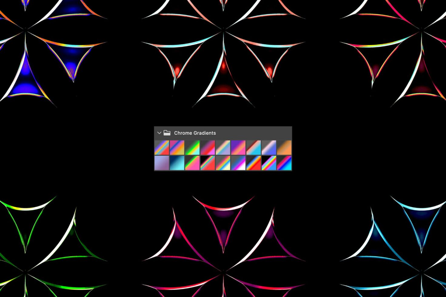 Abstract chrome gradient patterns on black background for graphic design. Ideal for digital assets, mockups, templates. Vibrant colors for designers.