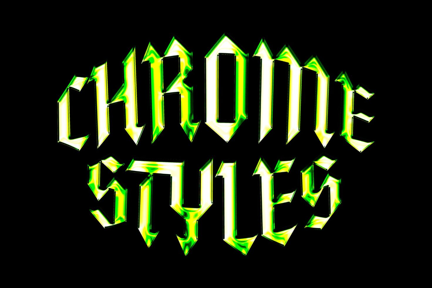 Chrome Styles text in bold 3D gothic font with neon green glow on black background. Ideal for graphic design projects digital assets and typography templates.