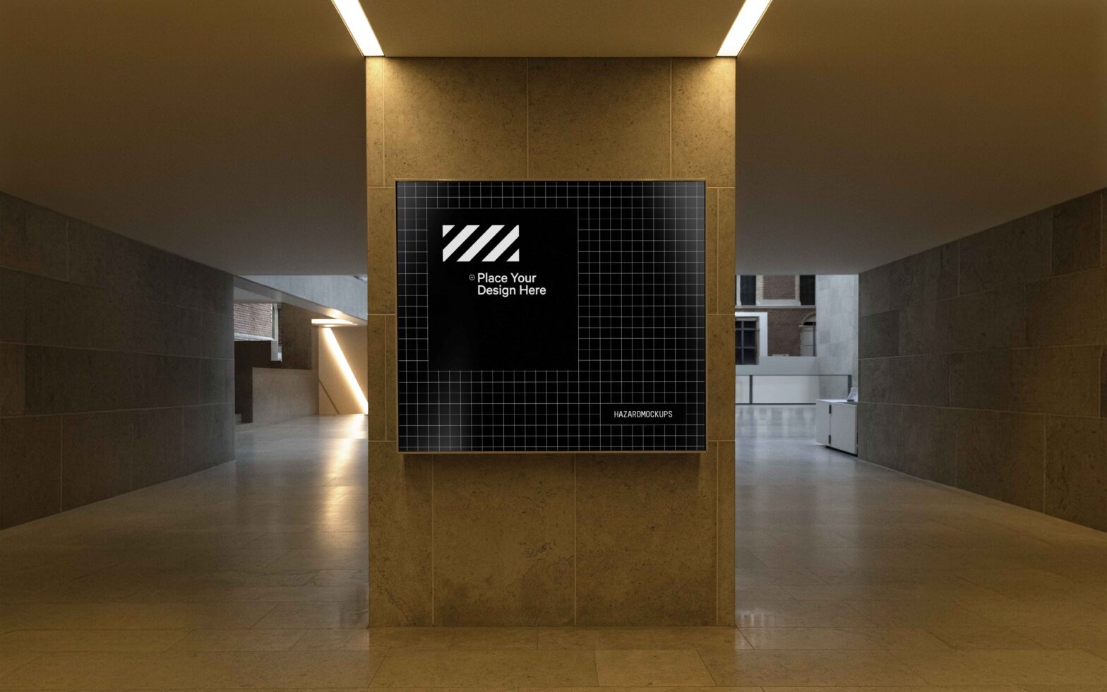 Modern indoor poster mockup with grid design on marble wall perfect for showcasing graphic templates to designers in digital asset marketplaces.