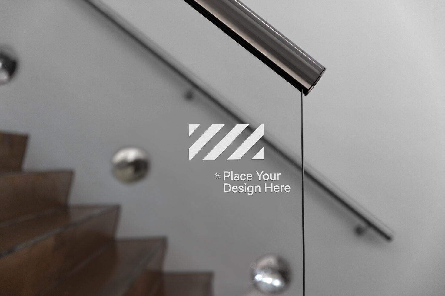 Glass staircase mockup with modern railing and minimalist design for showcasing logos or artwork; ideal for digital assets and design templates.