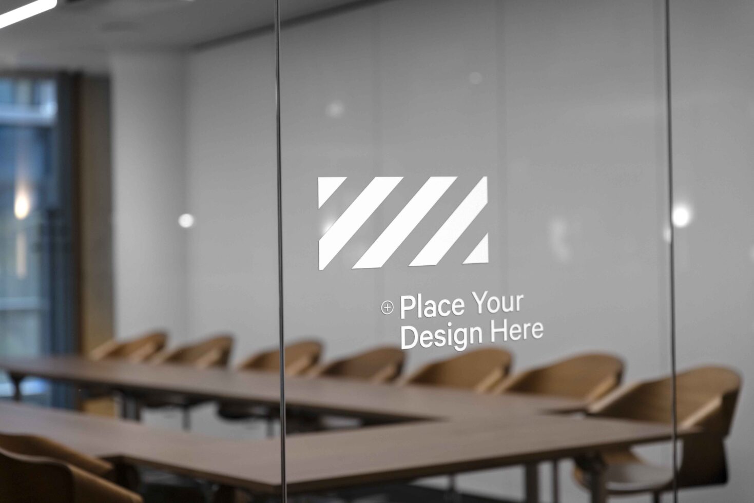 Office meeting room glass door mockup with design placement area reflection modern interior setting ideal for branding graphics digital assets designers