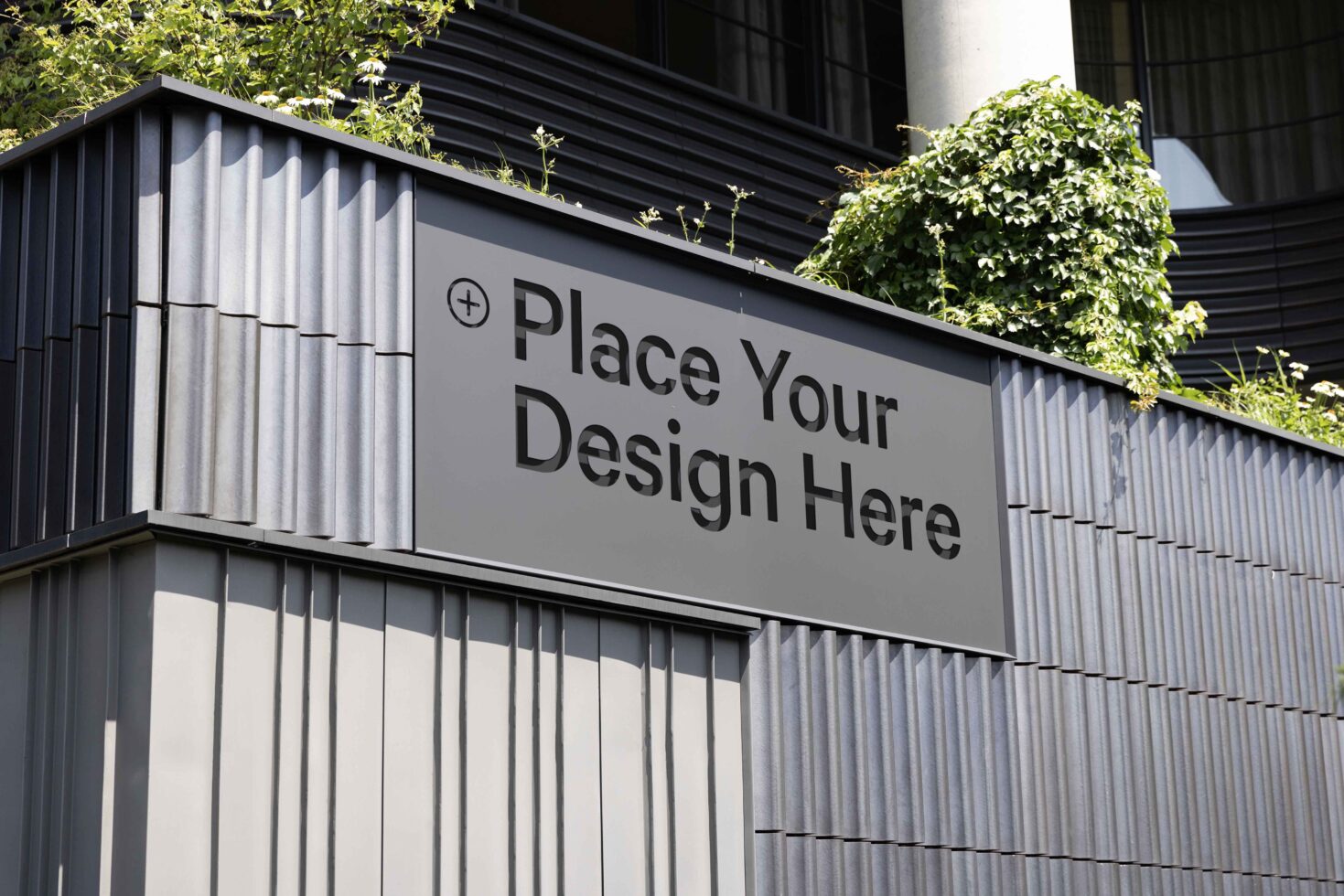 Mockup of a modern building facade with customizable sign space Place Your Design Here ideal for advertising graphics templates urban design assets