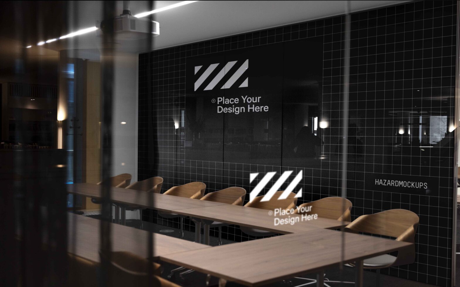 Conference room interior with glass walls featuring a customizable digital screen mockup. Ideal for designers seeking professional presentation templates.