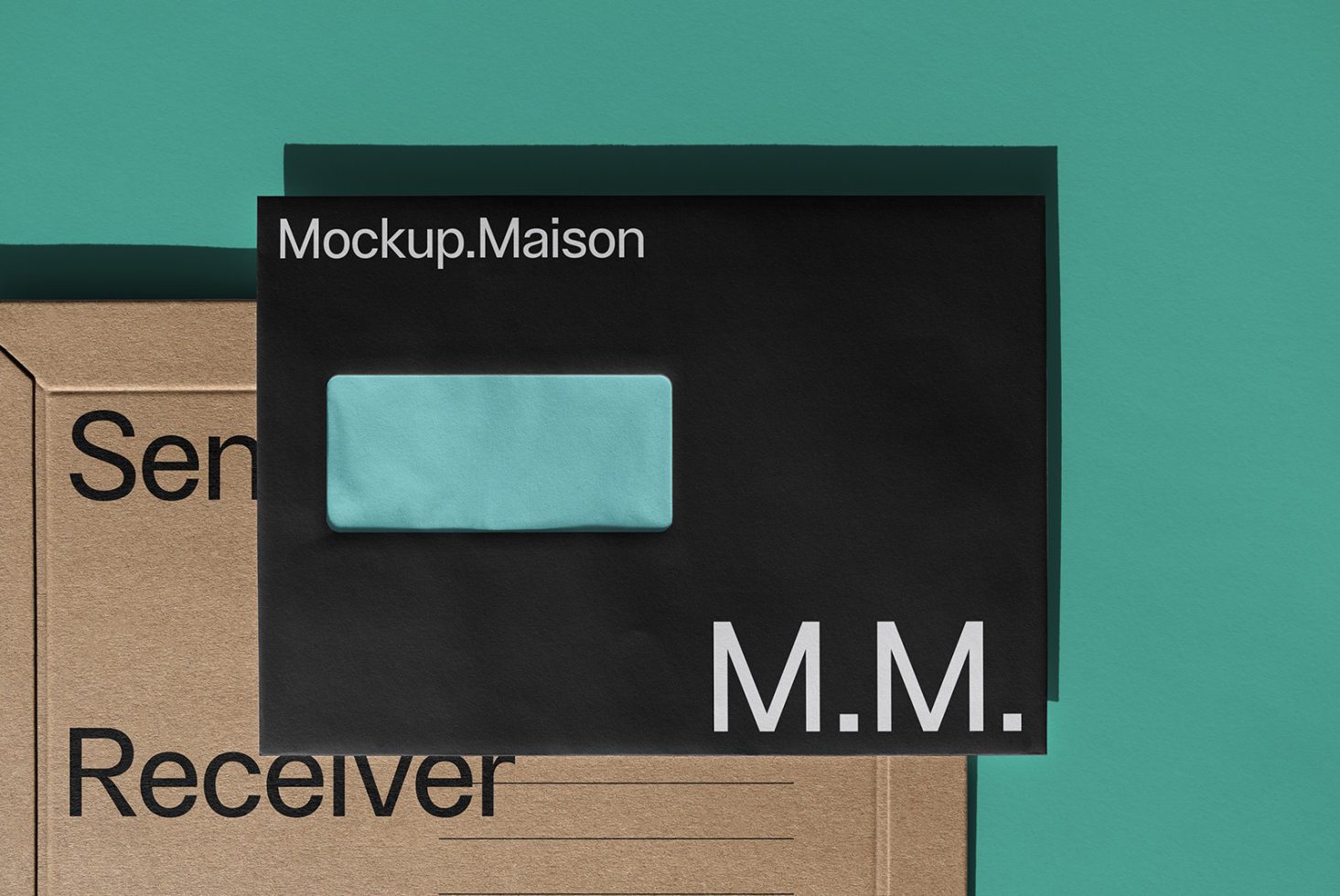 Envelope and package mockup for designers showing a cardboard box with sender and receiver text and a black envelope with a blue label and M.M. text.