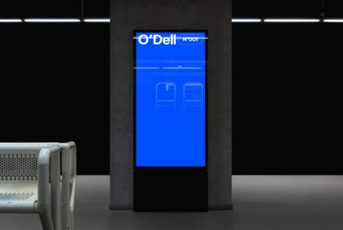 Digital signage mockup in an urban environment featuring a sleek modern design. Ideal for showcasing branding and advertising display templates.