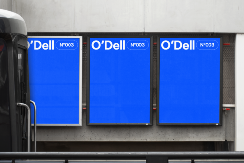 Three blue urban billboards with text O'Dell N003 suitable for design mockups. Perfect for showcasing graphics or templates on a modern street scene.